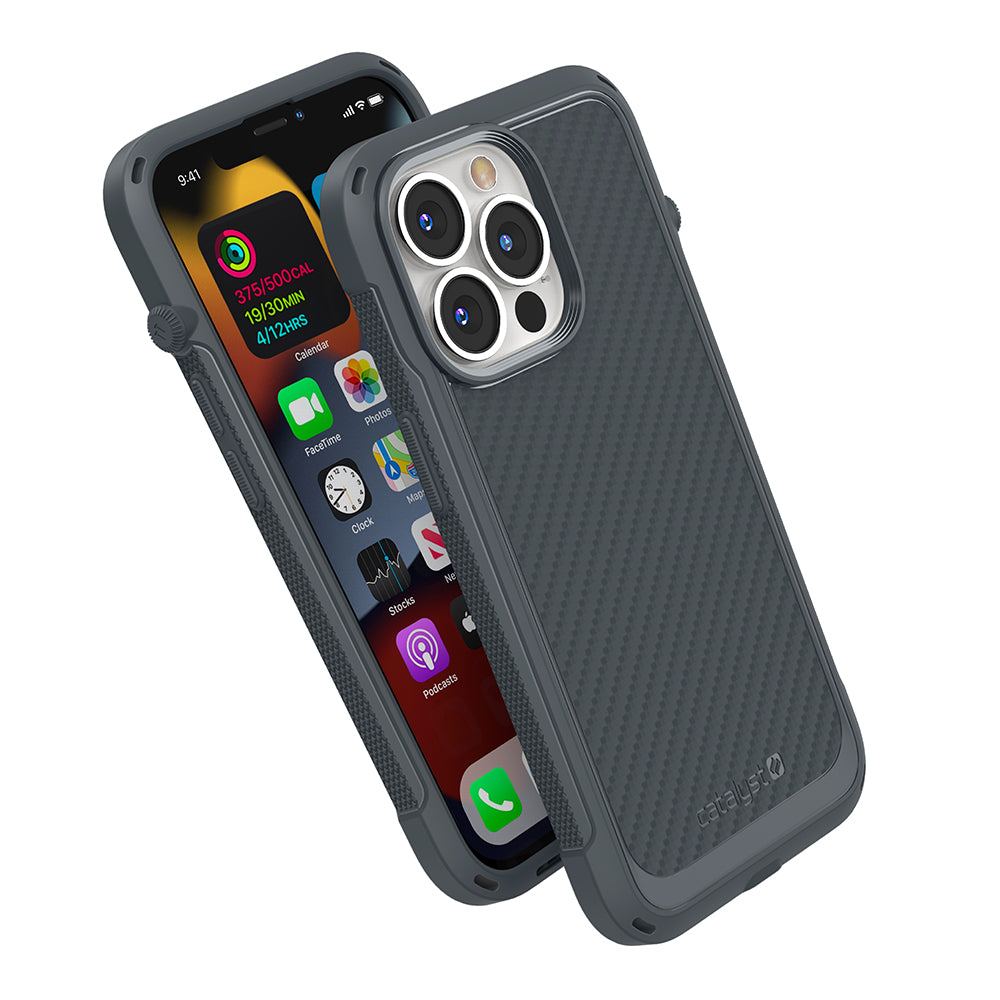 Catalyst vibe Case for iPhone 13 series stealth black magsafe compatible showing front and rugged back of the case