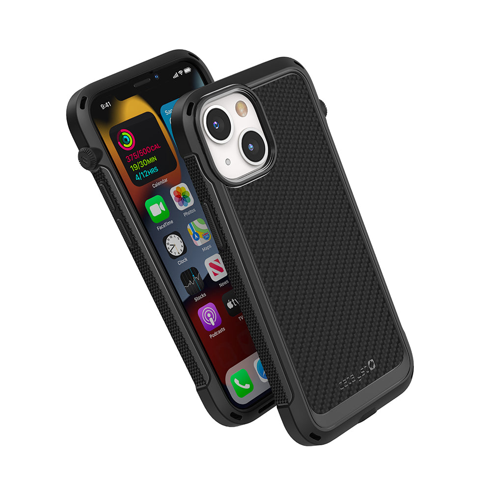 Catalyst vibe Case for iPhone 13 series stealth black magsafe compatible showing front and rugged back of the case