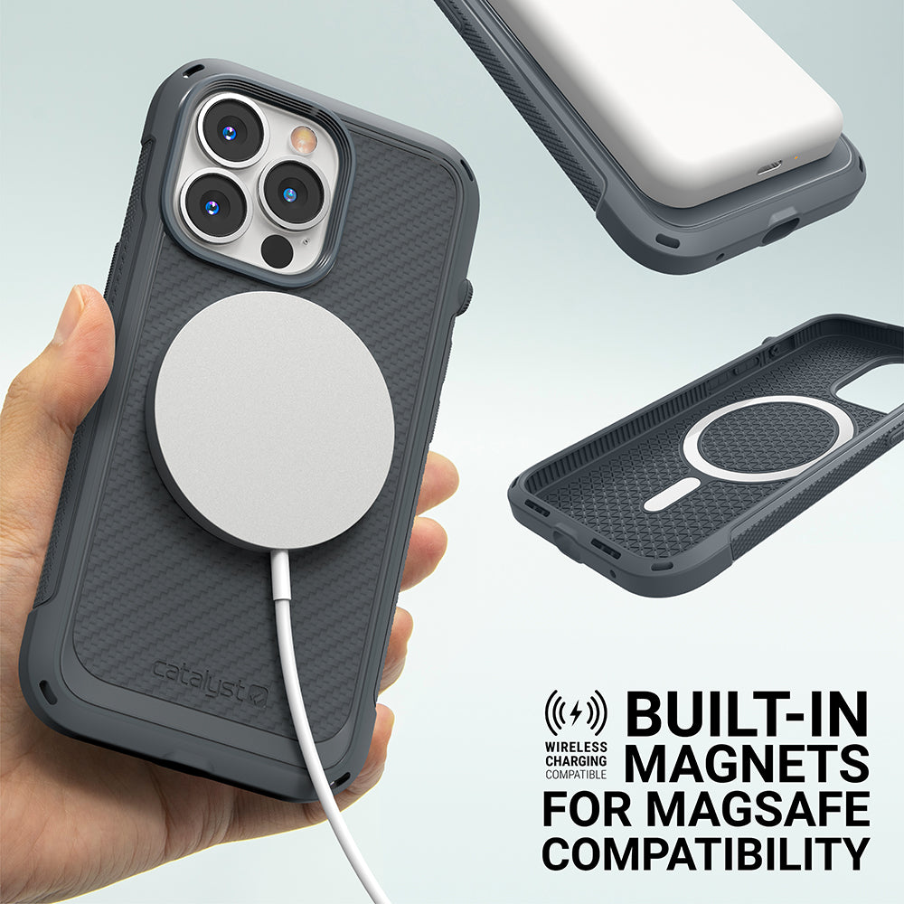 Catalyst vibe Case for iPhone 13 series stealth black magsafe compatible showing magsafe charger attached to magsafe magnet text reads wireless chargin compatible built in magnet for magsafe compatibility