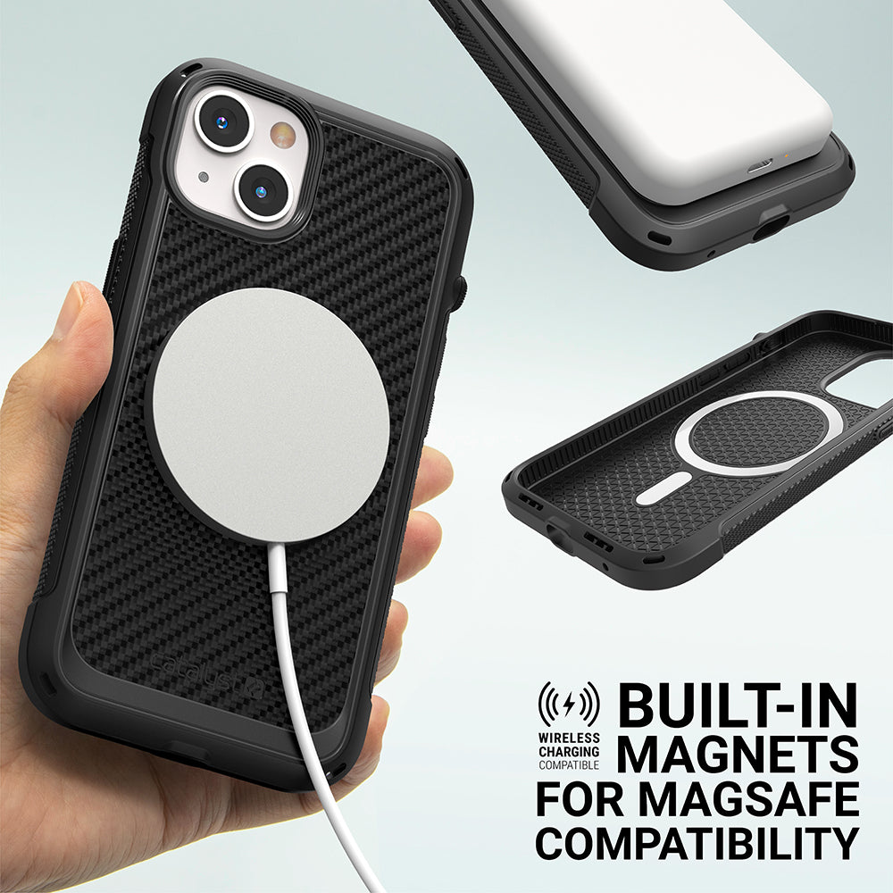 Catalyst vibe Case for iPhone 13 series stealth black magsafe compatible showing magsafe charger attached to magsafe magnet text reads wireless chargin compatible built in magnet for magsafe compatibility