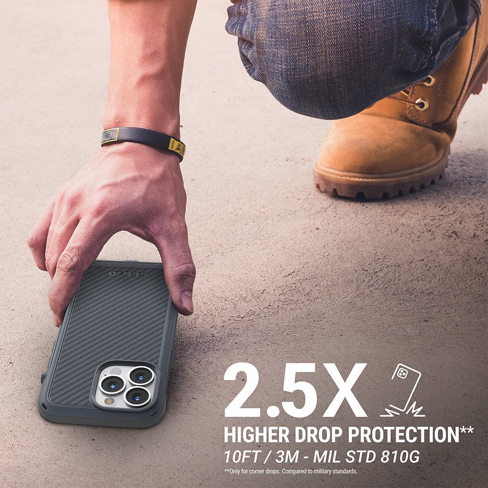 Catalyst vibe Case for iPhone 13 series stealth black magsafe compatible showing man picking up the phone with the catalyst vibe case installed text reads 2.5x higher drop protection 10ft/3m - MIL std 810g only for corner drops compared to military standards