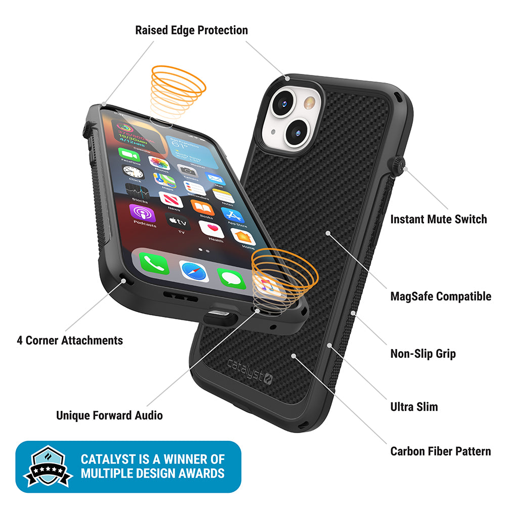 Catalyst vibe Case for iPhone 13 series stealth black magsafe compatible showing showing the front and the back of the case installed on the iphone text reads raised edge protection 4 corner attachments unique forward audio instant mute switch magsafe compatible non-slip grip ultra slim carbon fiber pattern catalyst is a winner of multiple design awards