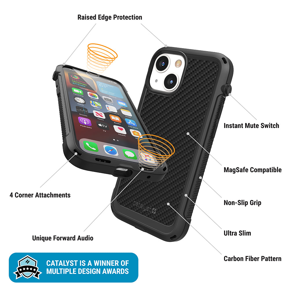 Catalyst vibe Case for iPhone 13 series stealth black magsafe compatible showing showing the front and the back of the case installed on the iphone text reads raised edge protection 4 corner attachments unique forward audio instant mute switch magsafe compatible non-slip grip ultra slim carbon fiber pattern catalyst is a winner of multiple design awards