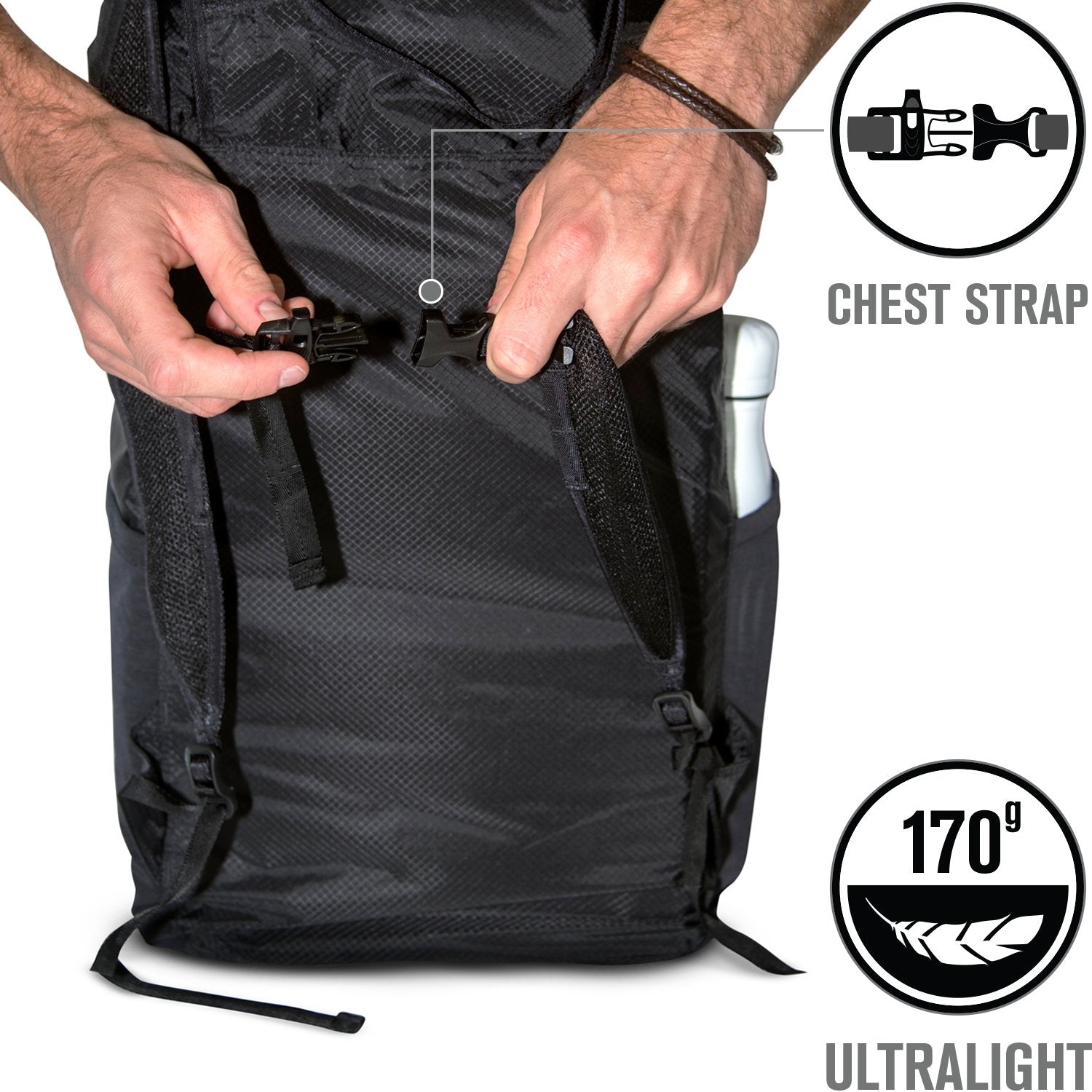 catalyst waterproof 20l backpack back view showing the chest strap text reads chest strap 170g ultralight