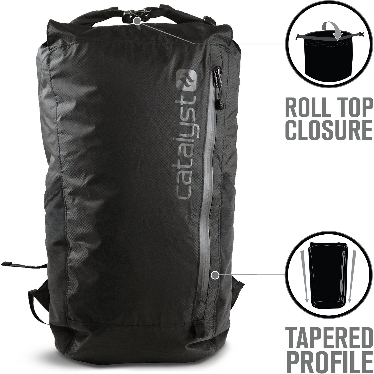 catalyst waterproof 20l backpack front view text reads roll top closure tapered profile