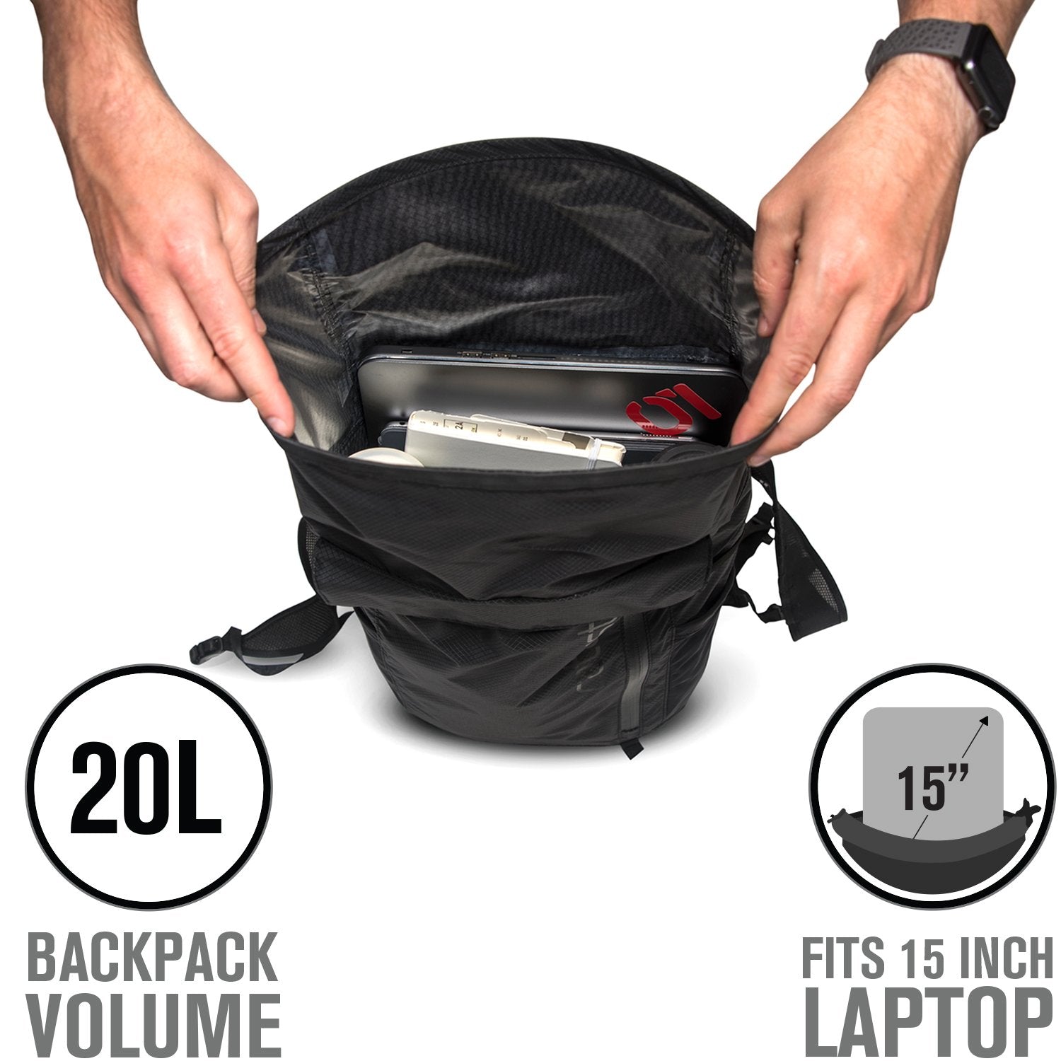 catalyst waterproof 20l backpack top view hand opening the bag with laptop text reads 20l backpack volume 15" fits 15 inch laptop