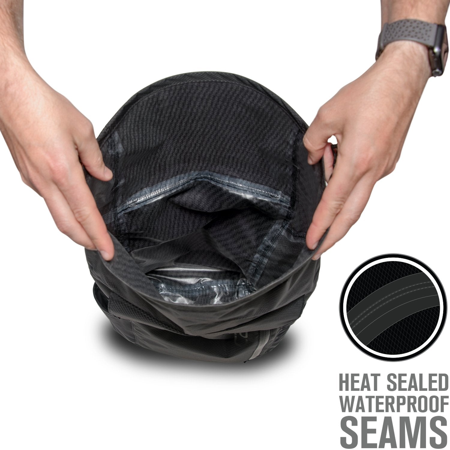 catalyst waterproof 20l backpack top view showing sealed seams text reads heat sealed waterproof seams