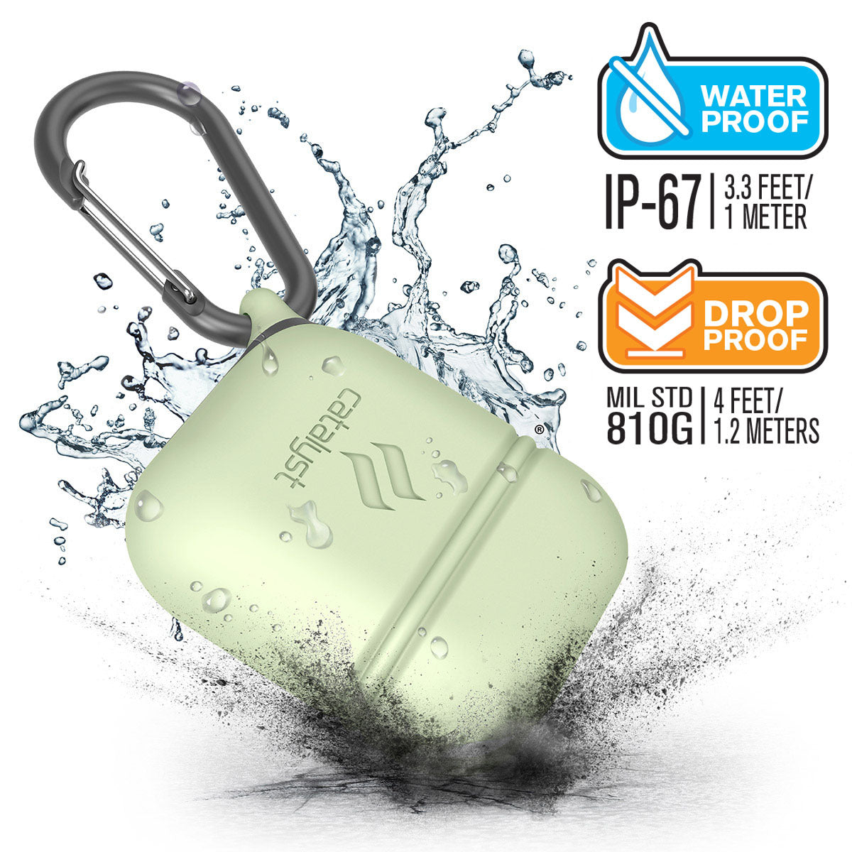 Catalyst Waterproof Case for Airpods Gen 1 & 2 special edition + carabiner drop with water splash text reads waterproof IP-67 3.3 feet/1meter drop proof MIL STD 810g 4 feet/ 1.2 meters