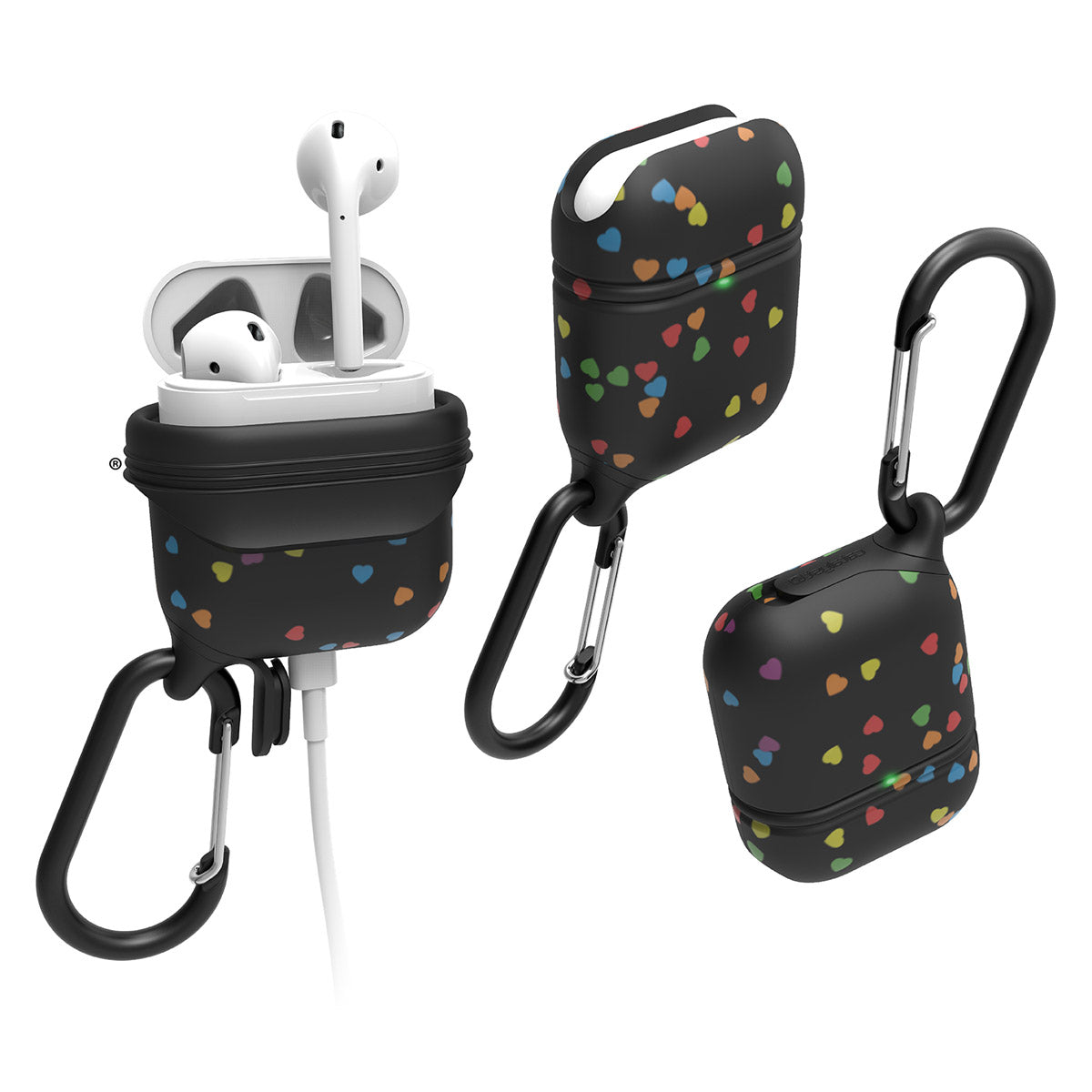Catalyst Waterproof Case for Airpods Gen 1 & 2 special edition + carabiner showing 3 airpods cases with carabiner attached