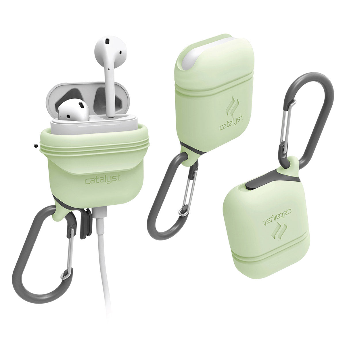 Catalyst Waterproof Case for Airpods Gen 1 & 2 special edition + carabiner showing 3 airpods cases with carabiner attached