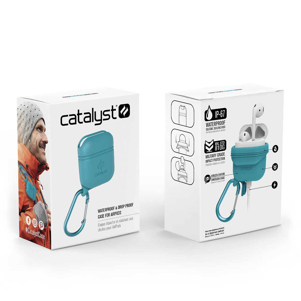 Catalyst Waterproof Case for Airpods Gen 1 & 2 special edition + carabiner showing the back and front of  the packaging