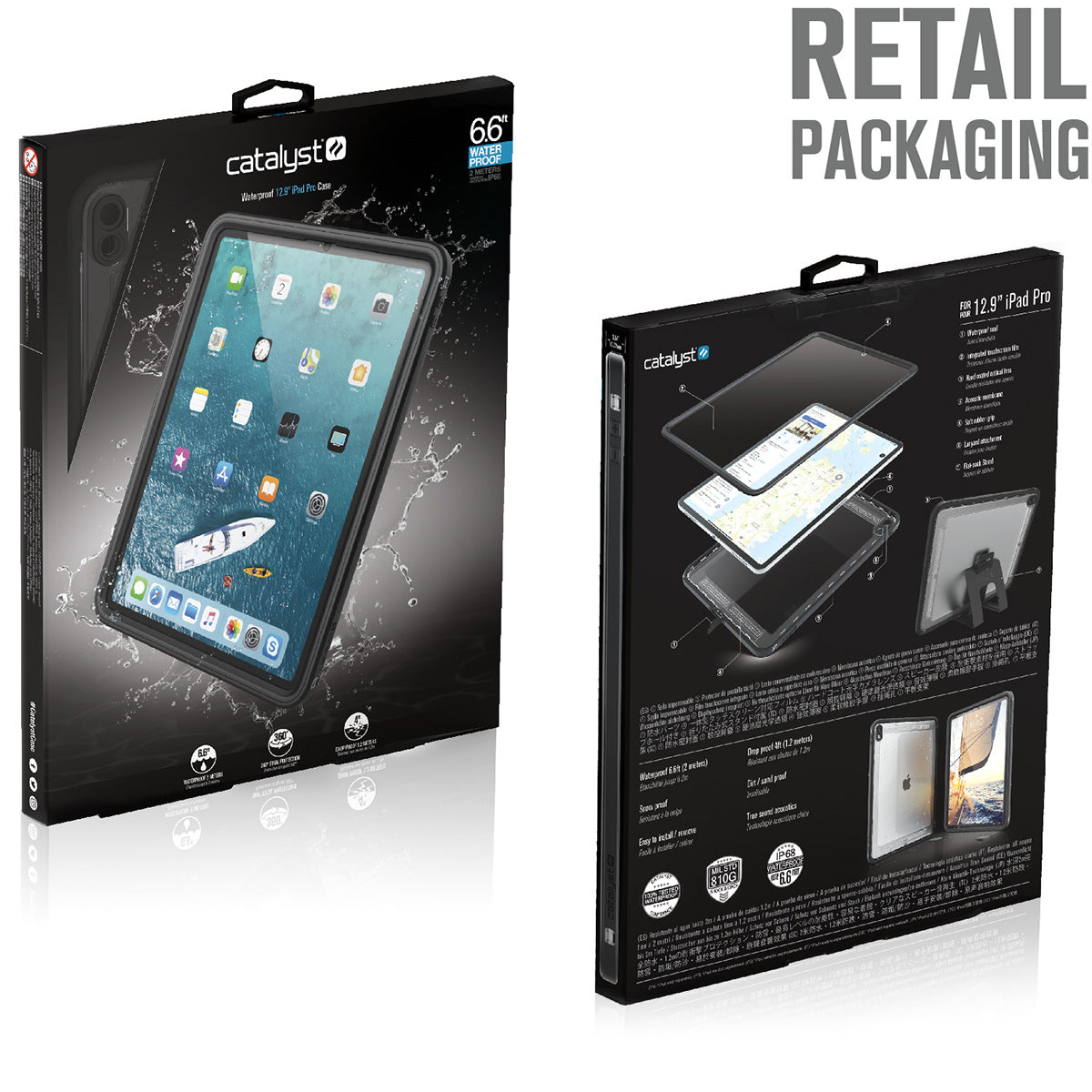 Catalyst waterproof case for ipad pro gen 3 12.9in black front and back packaging Text reads Retail packaging