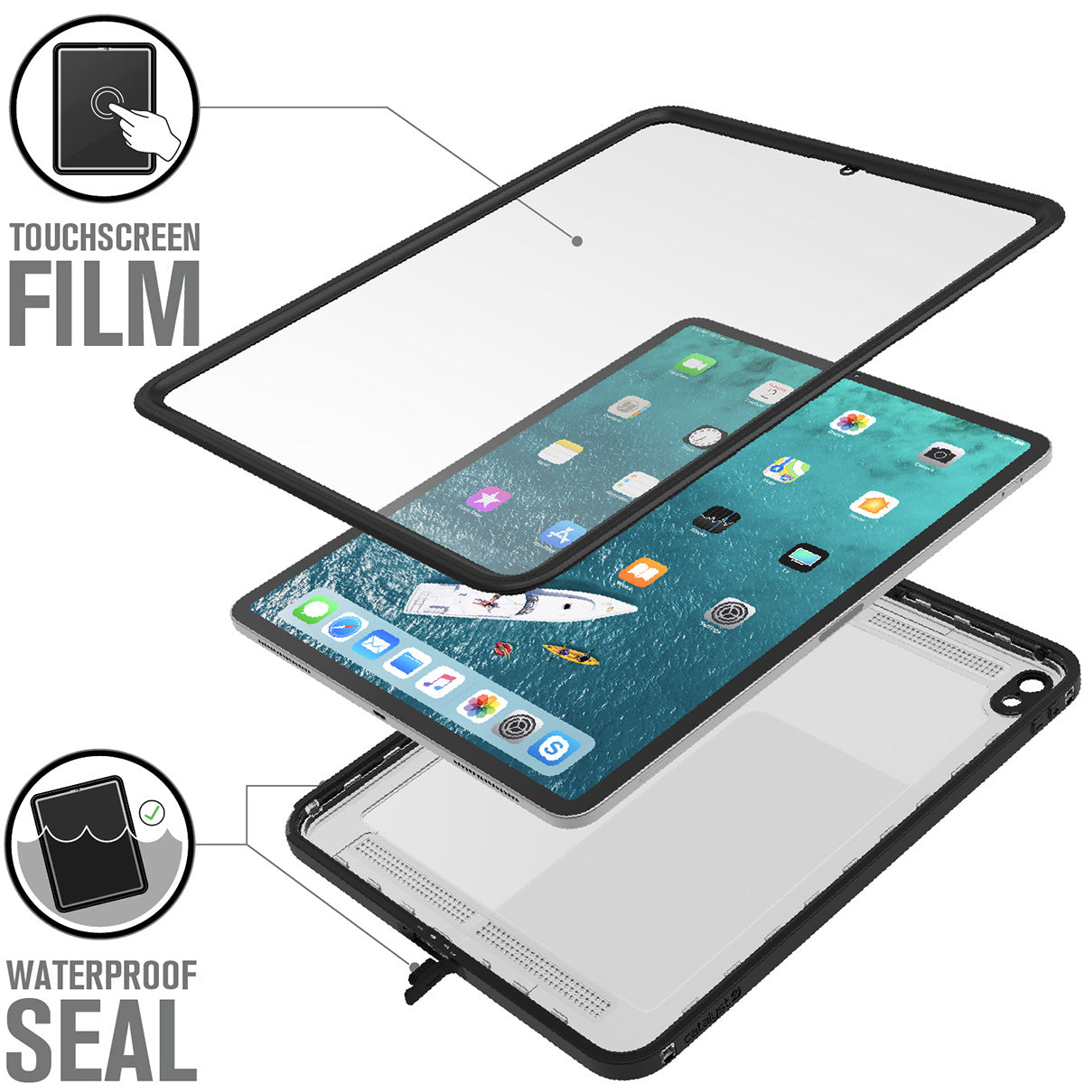 Catalyst waterproof case for ipad pro gen 3 12.9in black front and back protectionText reads touchscreen film waterproof seal