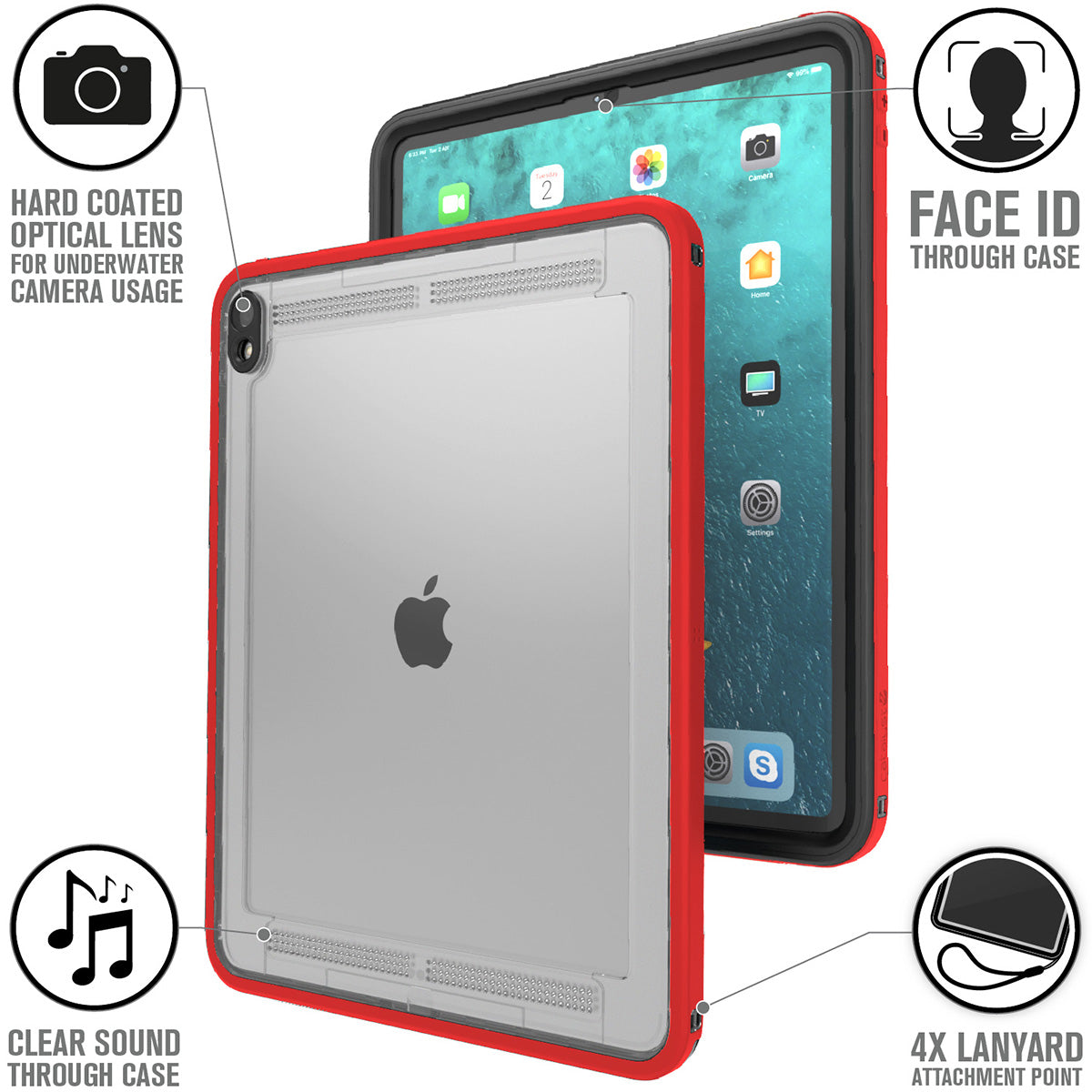 Catalyst waterproof case for ipad pro gen 3 12.9in red-clear sound faceid through case shows attachment points Text reads hard coated optical lens for underwater camera usage Face Id thorugh case clear sound through case 4x lanyard attachment point