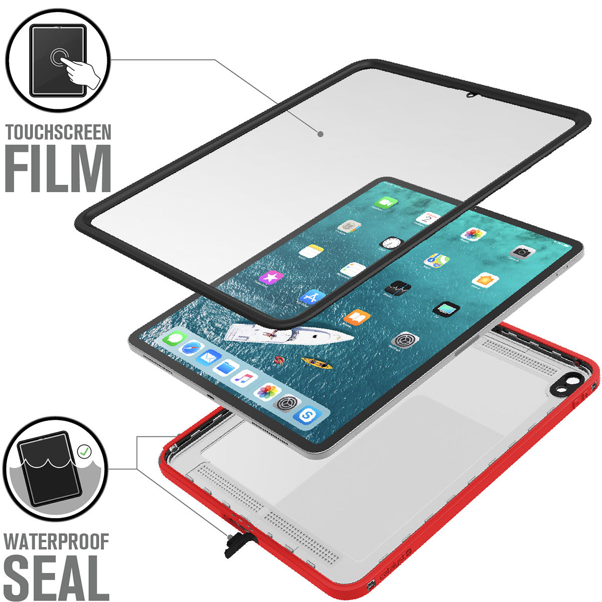 Catalyst waterproof case for ipad pro gen 3 12.9in red front and back protectionText reads touchscreen film waterproof seal 
