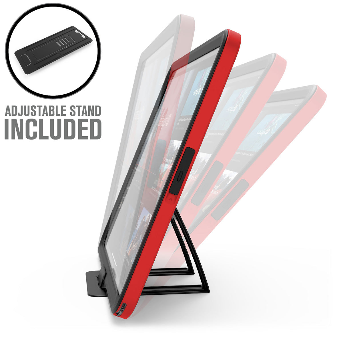 Catalyst waterproof case for ipad pro gen 3 12.9in red side view with adjustable stand Text reads adjustable stand included