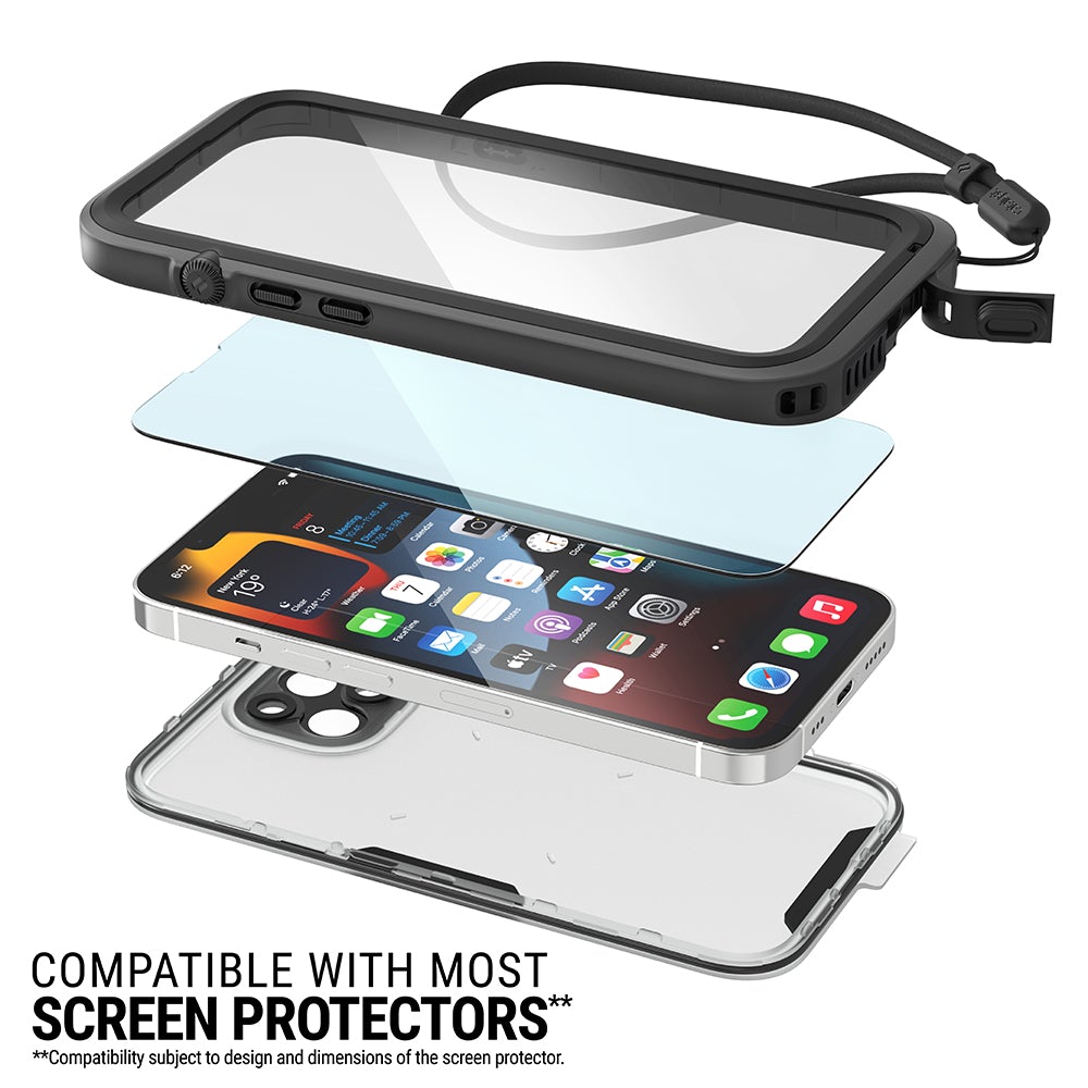 Catalyst Waterproof Total Protection case for iPhone 13 series showing an iphone and a tempered glass screen protector with the front and back of the case and lanyard text reads compatible with most screen protectors compatibility subject to design and dimension of the screen protector 