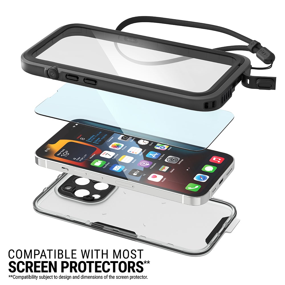 Catalyst Waterproof Total Protection case for iPhone 13 series showing an iphone and a tempered glass screen protector with the front and back of the case and lanyard text reads compatible with most screen protectors compatibility subject to design and dimension of the screen protector 