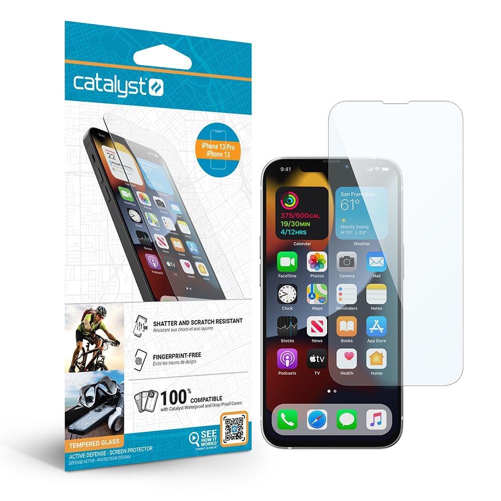 Catalyst Waterproof Total Protection case for iPhone 13 series showing an iphone and a tempered glass screen protector with the packaging
