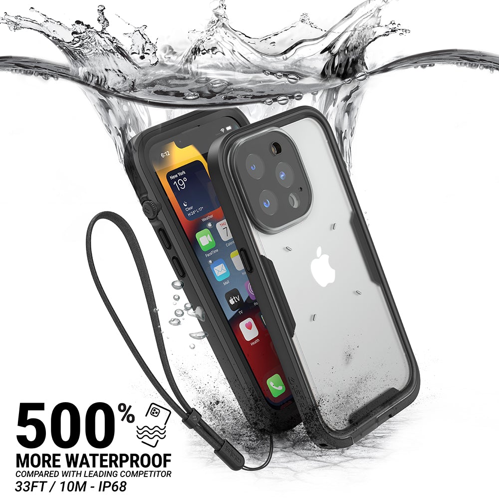 Catalyst Waterproof Total Protection case for iPhone 13 series showing an iphone with the total protection case installed submerged under water text reads 500% more waterproof compared with leading competitor 33ft/10m-ip68