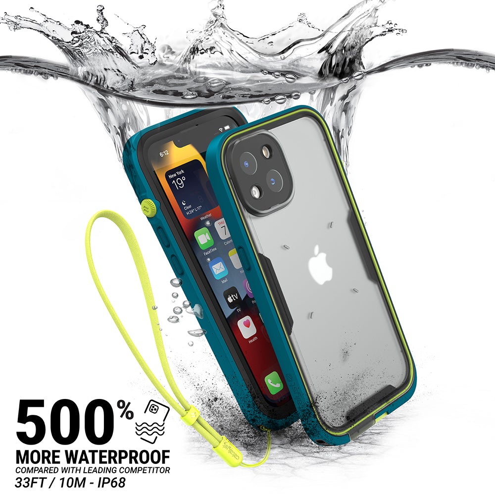 Catalyst Waterproof Total Protection case for iPhone 13 series showing an iphone with the total protection case installed submerged under water text reads 500% more waterproof compared with leading competitor 33ft/10m-ip68