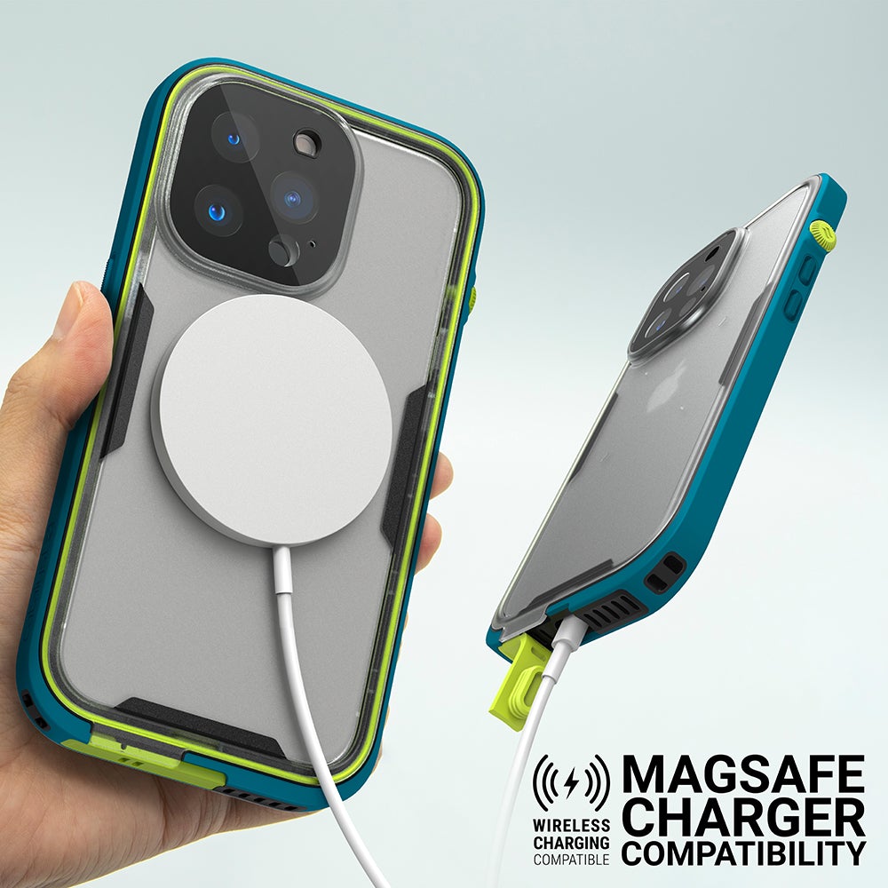 Catalyst Waterproof Total Protection case for iPhone 13 series showing magsafe charger compatibility text reads magsafe charger compatibility wireless charging compatible
