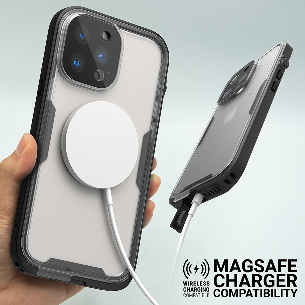 Catalyst Waterproof Total Protection case for iPhone 13 series showing magsafe charger compatibility text reads magsafe charger compatibility wireless charging compatible