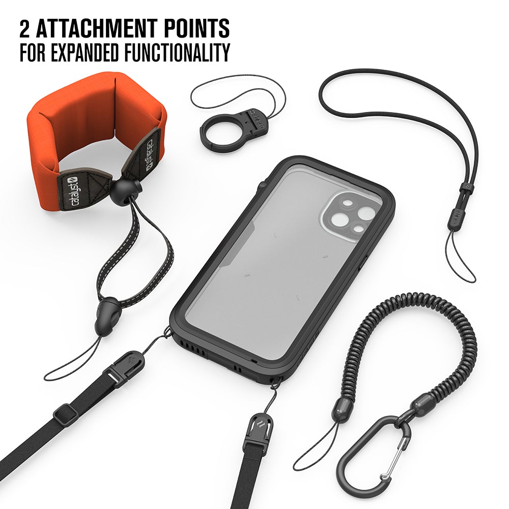 Catalyst Waterproof Total Protection case for iPhone 13 series showing orange floating lanyard ring stand lanyard shoulder strap carabiner text reads 2 attachment points for expanded functionality