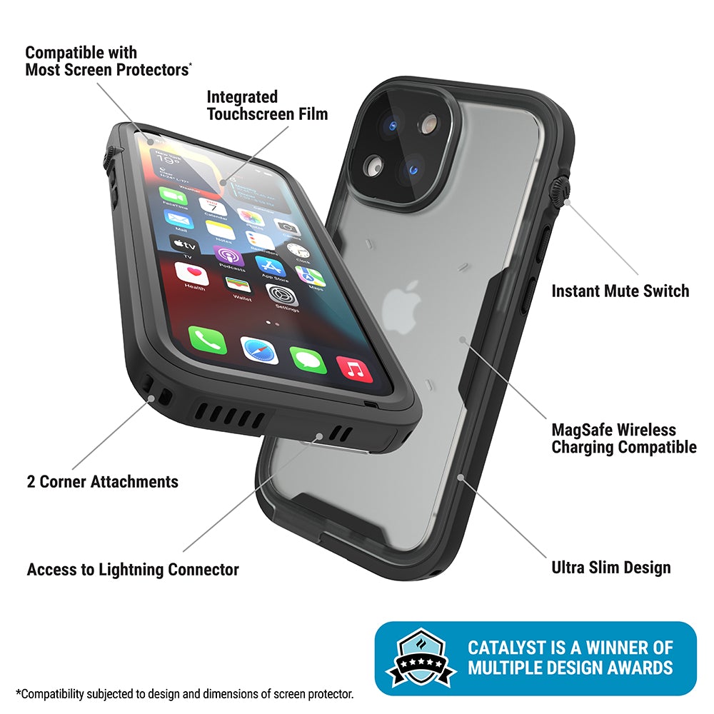 Catalyst Waterproof Total Protection case for iPhone 13 series showing the front and the back of the case installed on the iphone text reads compatible with most screen protectors integrated touchscreen film 2 corner attachments access to lightning connector instant mute switch magsafe wireless charging compatible ultra slim design catalyst is a winner of multiple design awards compatibility subjected to design and dimensions of the screen protector