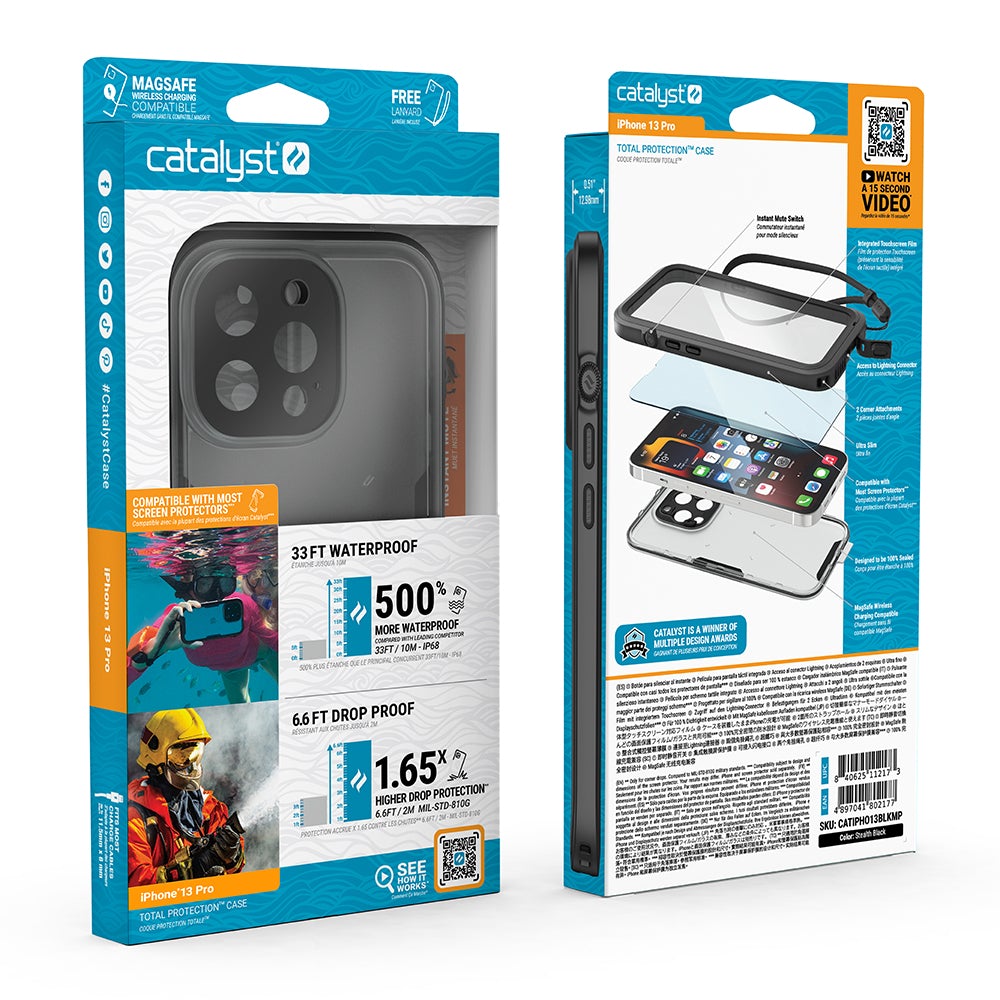 Catalyst Waterproof Total Protection case for iPhone 13 series showing the front and the back of the packaging