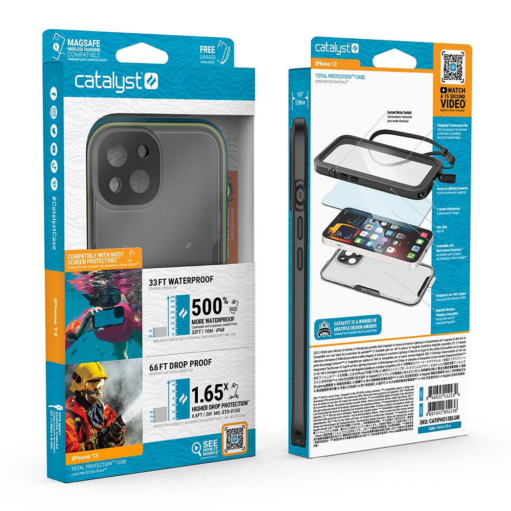 Catalyst Waterproof Total Protection case for iPhone 13 series showing the front and the back of the packaging