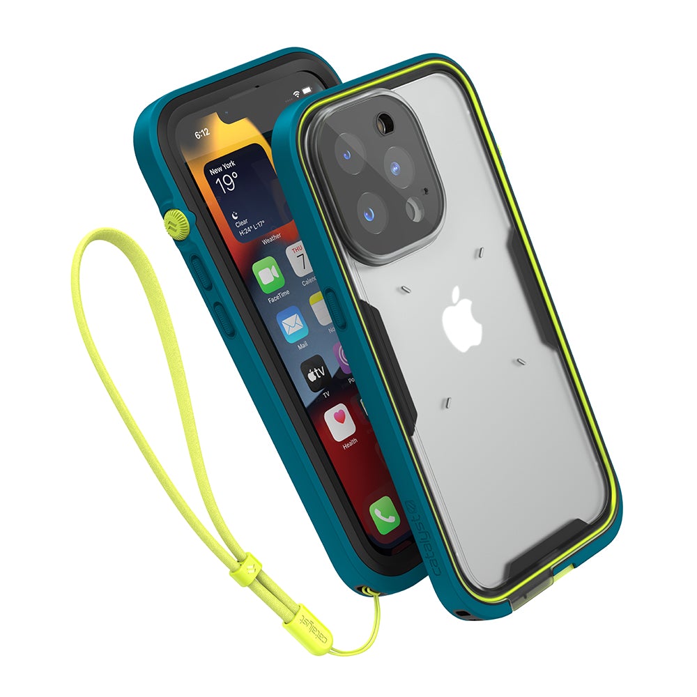 Catalyst Waterproof Total Protection case for iPhone 13 series showing the front and the back of the total protection case with lanyard