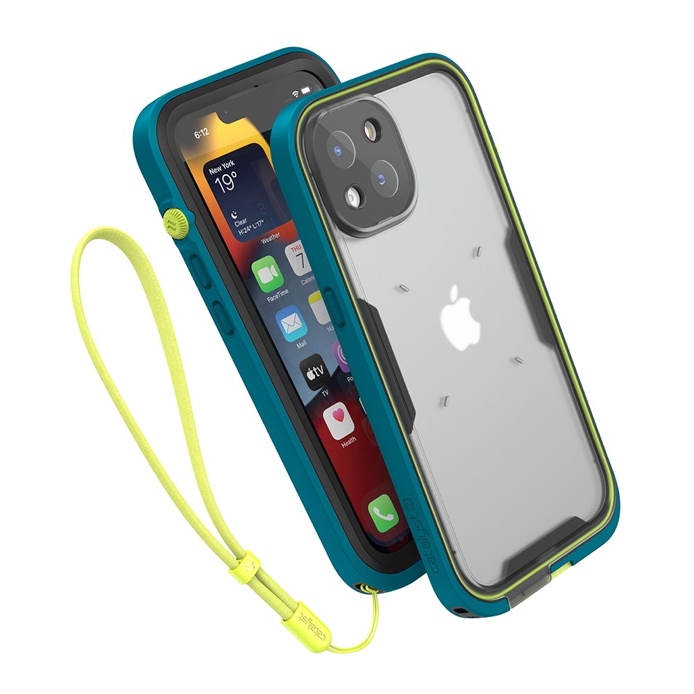 Catalyst Waterproof Total Protection case for iPhone 13 series showing the front and the back of the total protection case with lanyard